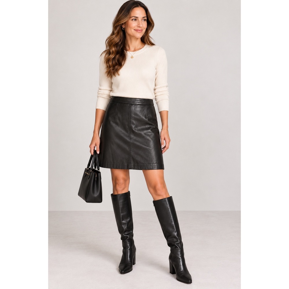 Coldwater Creek Black Leather Pencil Skirt Vintage 12 Minimalist Dark Academia